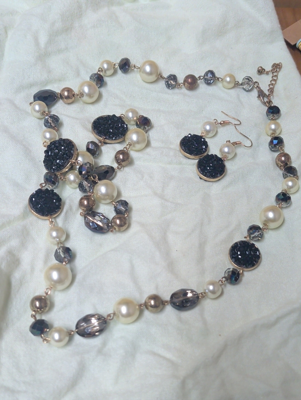 Pearl and Black Crystal Statement Necklace & Earring Set
